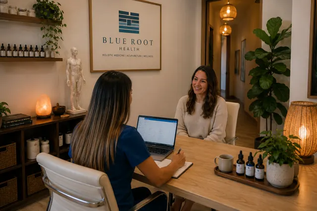 Dr. Angela Soto listening attentively to a patient at Blue Root Health